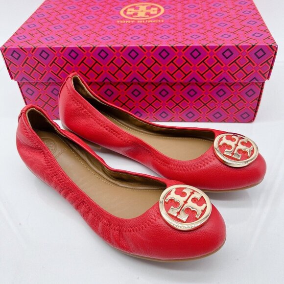 TORY BURCH BENTON BRILLIANT RED LEATHER GOLD REVAELASTIC BALLET